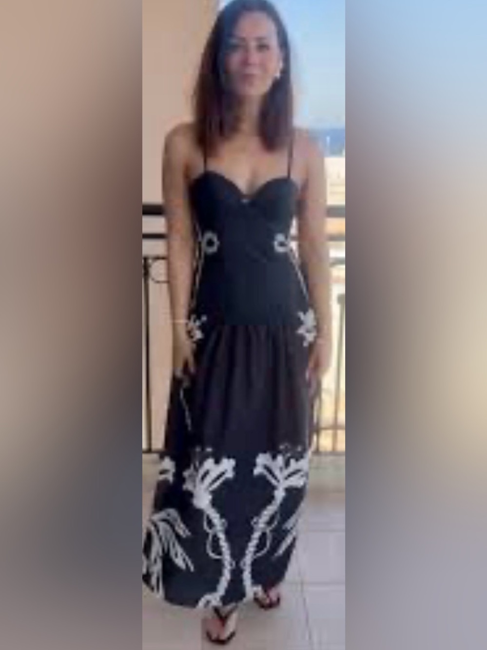 Commense Black Midi Dress with White Floral Accents